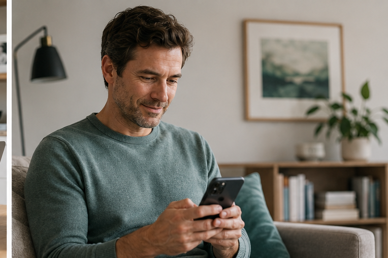A man at home reading his lab results on his phone